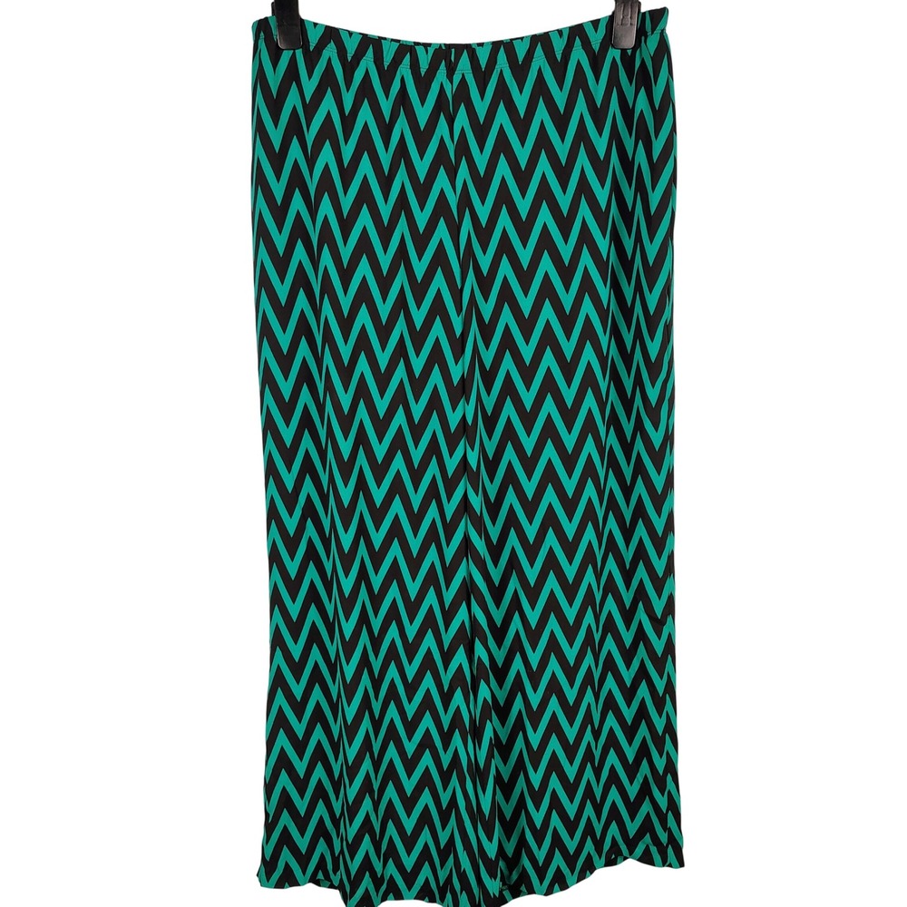 Kate & Mallory Womens 1X Wide Leg Pants Teal Black Chevron Zig Zag Retro Mod